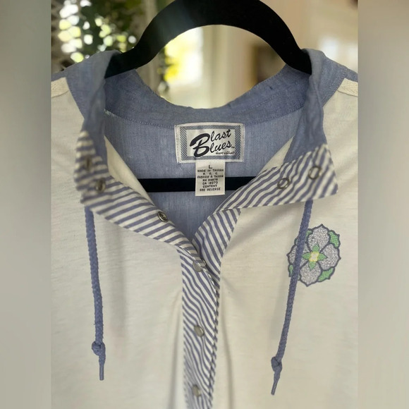 VINTAGE 90’s Blast Blues Grandmacore Size Large Polo Pullover Snap Buttons - Picture 2 of 12